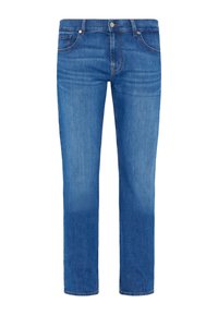 Jeans in denim blu con un design a gamba dritta, dotati di cinque tasche, passanti per cintura e chiusura con bottone frontale. Tessuto liscio, lavaggio medio.