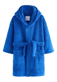 Accappatoio in pile blu con cappuccio, due tasche frontali e cintura annodabile. Morbida al tatto e vestibilità comoda, ideale per comfort e calore.