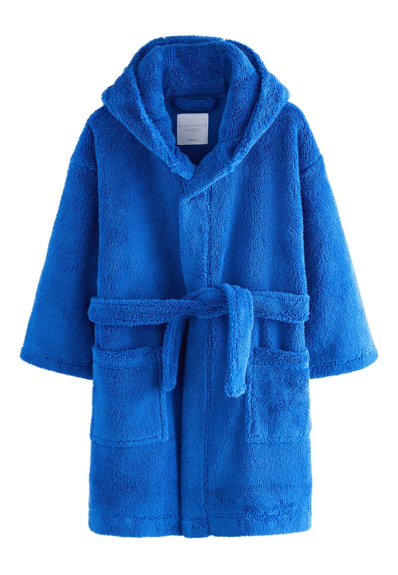 Accappatoio in pile blu con cappuccio, due tasche frontali e cintura annodabile. Morbida al tatto e vestibilità comoda, ideale per comfort e calore.
