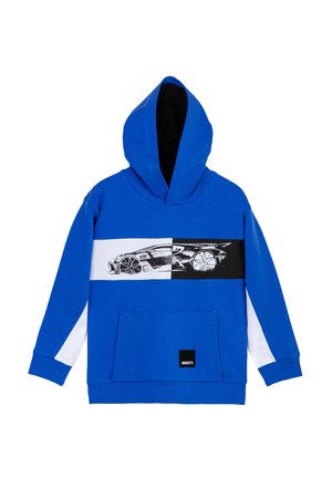 Blauer Kapuzenpullover mit einem schwarz-weißen Auto-Graphic über der Brust. Mit weißen Seitenpanelen und einer Fronttasche. Aus weichem Baumwollmaterial.
