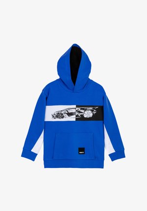 Felpa blu con una grafica di un'auto in bianco e nero sul petto. Presenta pannelli laterali bianchi e una tasca frontale. Materiale morbido in cotone.