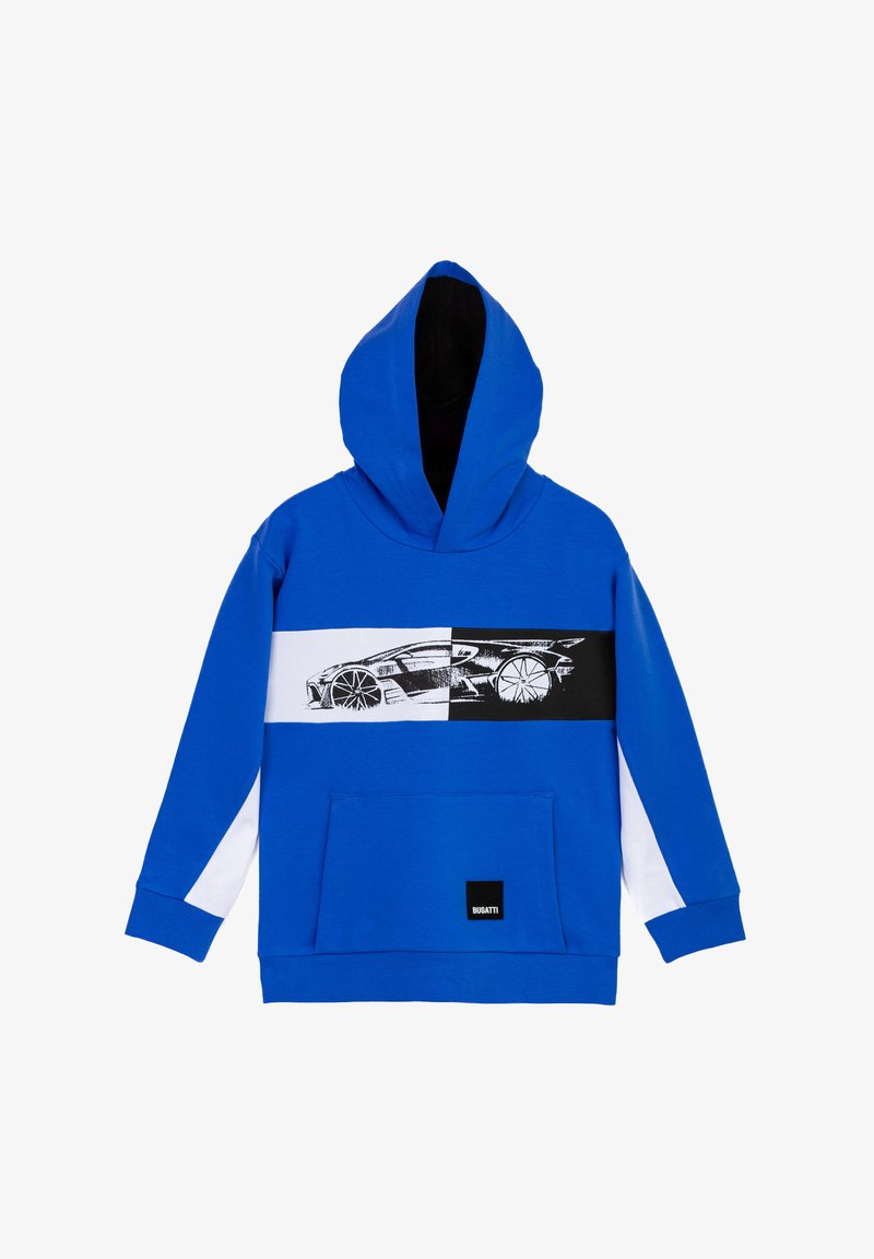 Felpa blu con una grafica di un'auto in bianco e nero sul petto. Presenta pannelli laterali bianchi e una tasca frontale. Materiale morbido in cotone.