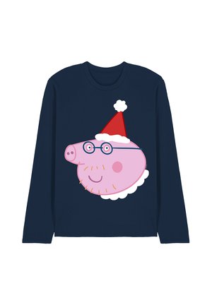 Navy blue long-sleeve shirt with a cartoon pig wearing round glasses and a red Santa hat with white trim.