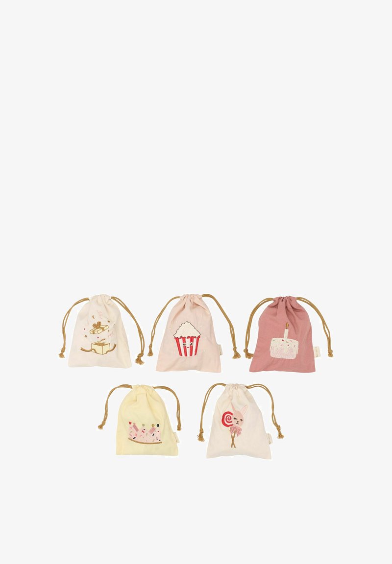 Súprava piatich malých bavlnených vreciek so šnúrkou. Obsahuje farby ružovú, krémovú a žltú s hravými výšivkami, vrátane potravín a zvierat.