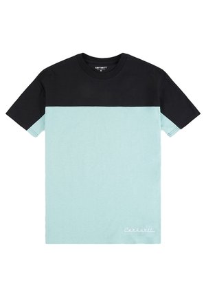 Kortærmet T-shirt med sort overdel og lys blå underdel, prydet med et lille hvidt "Carhartt" logo nederst til højre.