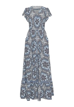 Abito lungo stile maxi con fantasia blu e bianca, maniche corte a volant, scollo a V, vita aderente, bottoni frontali e tasche laterali.