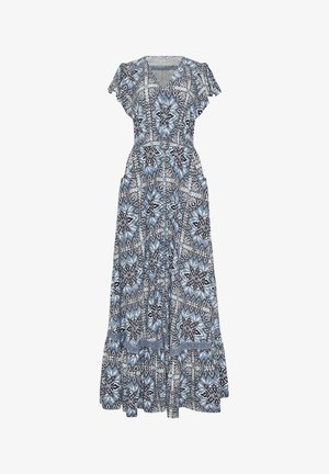 Blue and white patterned maxi dress with short flutter sleeves, V-neckline, fitted waist, front buttons, and side pockets.