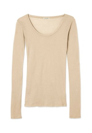 Langarmshirt in hellem Beige, aus weichem Material gefertigt. Hat einen weiten Rundhalsausschnitt und eine taillierte Silhouette, ohne Muster oder Beschläge.