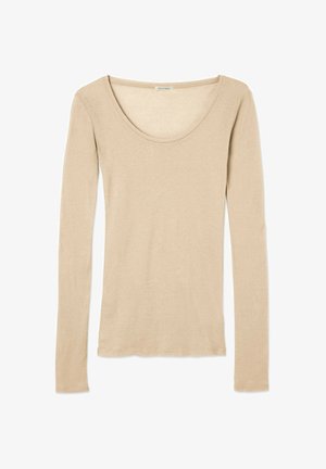 Langarmshirt in hellem Beige, aus weichem Material gefertigt. Hat einen weiten Rundhalsausschnitt und eine taillierte Silhouette, ohne Muster oder Beschläge.
