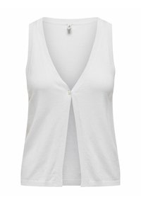 Cardigan senza maniche bianco con scollatura a V profonda, bordi a coste e un singolo bottone in perla sul davanti. Tessuto morbido e leggero.