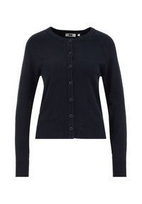 Temno modri cardigan iz mehkega materiala, z okroglo odprtino, dolgimi rokavi in gumbom naprej z ujemajočimi gumbi.