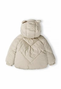 Beige puffjacka med huva som har björnöron, quiltat mönster och elastiska ärmslut. Mjuk textur, rundad form och inga synliga knäppningar.