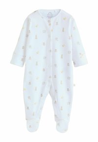 Body blanc pour bébé en tissu doux avec motifs animaliers beige clair, boutons-pression et design pied intégré avec manches à poignets.