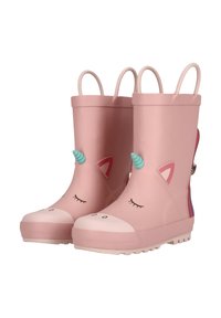 Bottes de pluie en caoutchouc roses avec un design de licorne, présentant une surface texturée, des oreilles surélevées, une douce corne bleue, et des accents roses et violets.