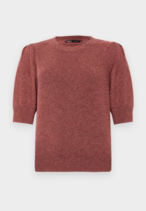 Short-sleeve, knitted sweater in a reddish-brown hue. Features a round neckline and subtle puffed shoulders with ribbed detailing at the hem and cuffs.