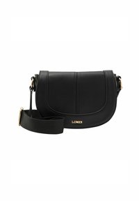 Schwarze Kunstleder-Schultertasche mit geschwungener Form, verstellbarem Schulterriemen, goldenen Hardware-Akzenten und genähten Details auf der Vorderseite.