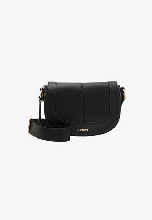 Schwarze Kunstleder-Schultertasche mit geschwungener Form, verstellbarem Schulterriemen, goldenen Hardware-Akzenten und genähten Details auf der Vorderseite.