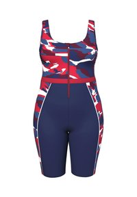 Zwempak met een blauw, rood en wit abstract patroon, voorzien van een rits aan de voorkant en een aangesloten ontwerp met shorts tot halverwege de dij.
