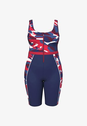 Badedragt med et blåt, rødt og hvidt abstrakt mønster, der har en frontlynlås og et tætsiddende design med shorts, der går til midten af låret.