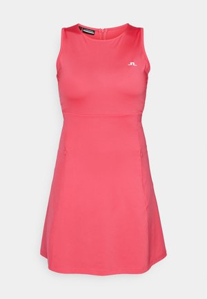 Abito senza maniche rosa con un corpino aderente e una gonna svasata, realizzato in tessuto morbido. Presenta una chiusura zip discreta sul retro.