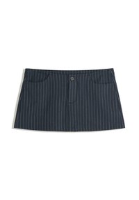 Mini gonna blu navy a righe con tasche frontali e una chiusura con un singolo bottone in vita.