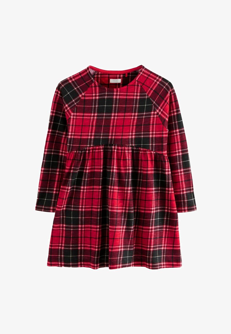 Rot-schwarz kariertes Kleid mit langen Ärmeln, Rundhalsausschnitt und geraffter Taille. Hergestellt aus weichem Stoff mit kontrastierenden Karomustern.