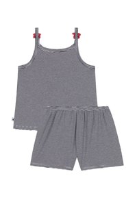 Gestreepte katoenen slaapset met een mouwloze top en shorts met elastische tailleband; de kleuren zijn marineblauw en wit met rode accenten op de bandjes.