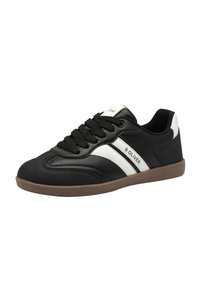 Scarpa sportiva nera con strisce bianche, design con lacci, upper in materiale sintetico, colletto imbottito e suola in gomma marrone. Presenta il marchio "S. OLIVER".