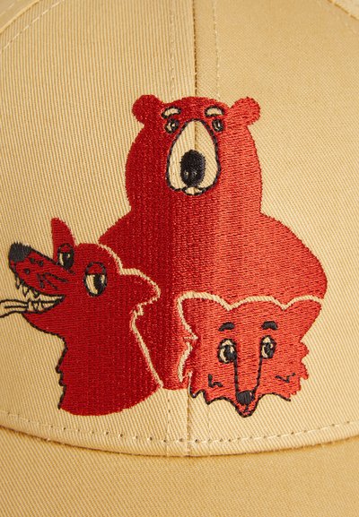Beige cap with embroidered red bear, wolf, and fox designs. Features textured fabric and structured shape. Visually distinct animal characters.