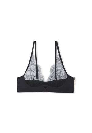 Schwarzer BH mit Mesh-Spitzen-Details, verstellbaren Trägern und einem Reißverschluss. Verfügt über eine strukturierte Silhouette und ein florales Spitzenmuster.