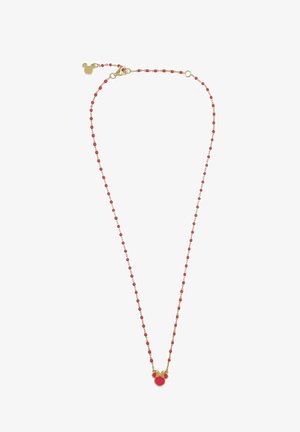 Gouden ketting met rode kralen, met een rode ronde hanger en een Mickey Mouse accent. Eenvoudig, delicaat ontwerp.