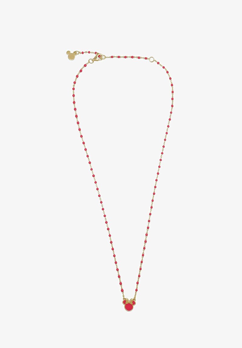 Gouden ketting met rode kralen, met een rode ronde hanger en een Mickey Mouse accent. Eenvoudig, delicaat ontwerp.