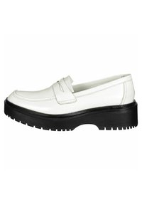 Hvite lær loafers med en lett forhøyet svart gummisåle. Har to horisontale stropper over vampen og en jevn finish.