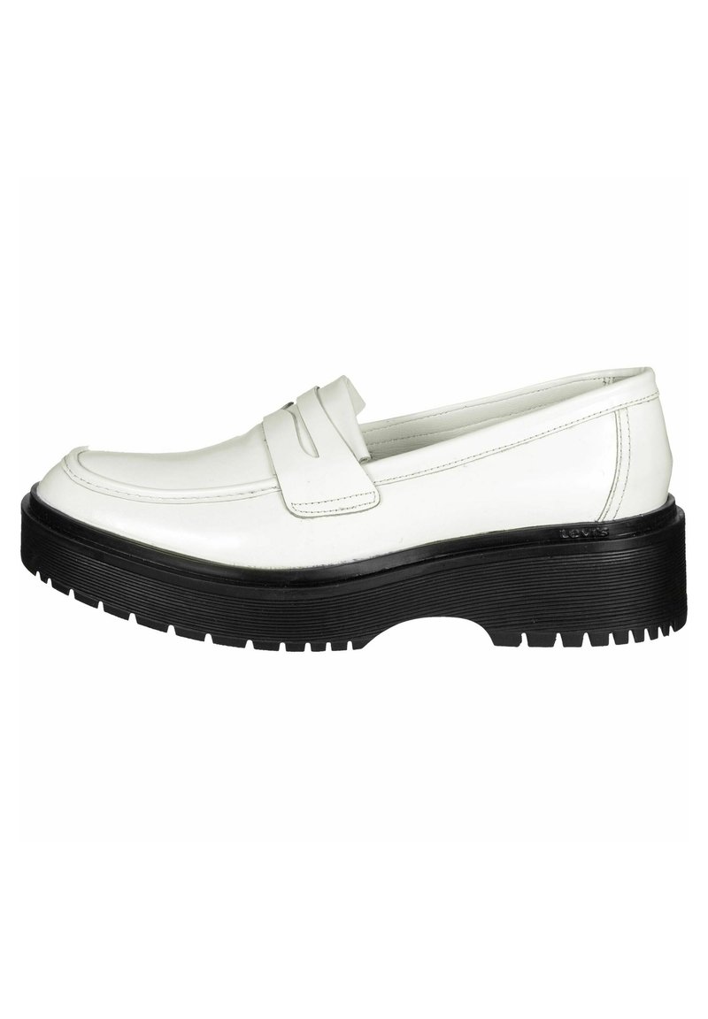 Hvite lær loafers med en lett forhøyet svart gummisåle. Har to horisontale stropper over vampen og en jevn finish.