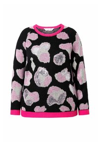 Schwarzer Strickpullover mit pinken und silbernen Leopardenflecken, einem leuchtend pinken gerippten Kragen und Saum. Texturiertes Gewebe mit unterschiedlichen Mustern.