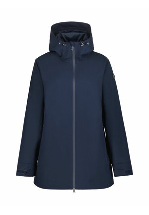 Marineblauwe waterdichte jas met een ritssluiting aan de voorkant, verstelbare capuchon en manchetten. Gladde textuur, minimalistisch ontwerp en zonder zichtbare patronen.