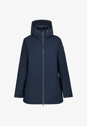 Marineblaue wasserfeste Jacke mit Frontreißverschluss, verstellbarer Kapuze und Bündchen. Glatte Textur, minimalistisches Design und keine sichtbaren Muster.