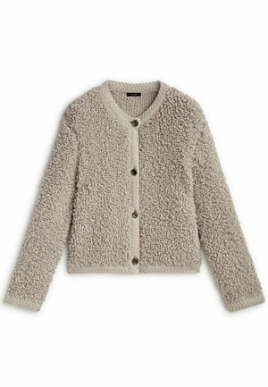 Cardigan beige en sherpa polaire à manches longues avec encolure ronde et cinq boutons foncés sur le devant.