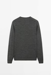 Dark gray long-sleeve sweater with a round neck, made of soft fabric. Features a ribbed hem and cuffs, smooth texture, and minimalistic design.