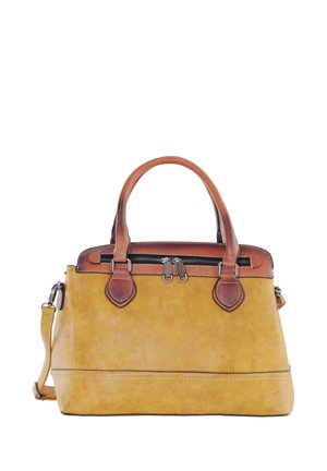Gele leren handtas met bruine handvatten, ritssluiting bovenaan en afneembare schouderriem tegen een witte achtergrond.