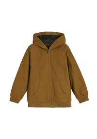 Brązowa kurtka z kapturem, z zamkiem błyskawicznym z przodu, dwiema dużymi kieszeniami bocznymi, ściągaczami przy mankietach oraz gładką czarną podszewką.