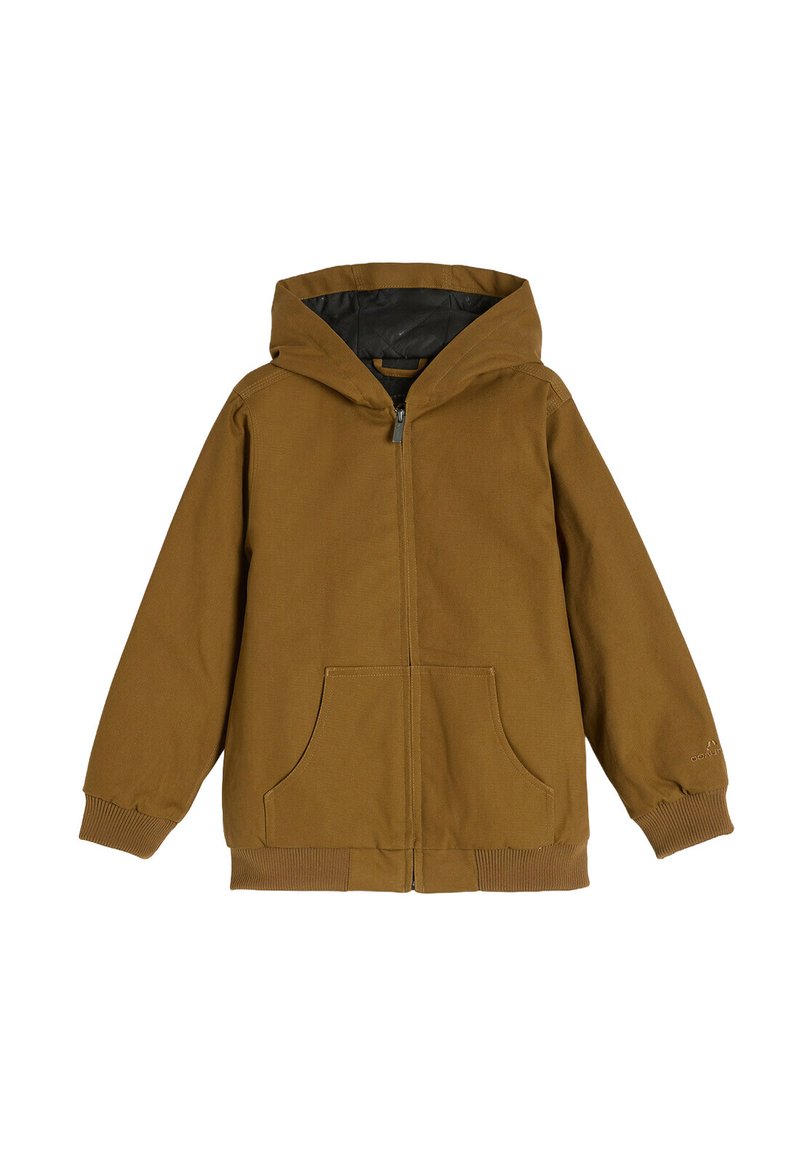 Brązowa kurtka z kapturem, z zamkiem błyskawicznym z przodu, dwiema dużymi kieszeniami bocznymi, ściągaczami przy mankietach oraz gładką czarną podszewką.