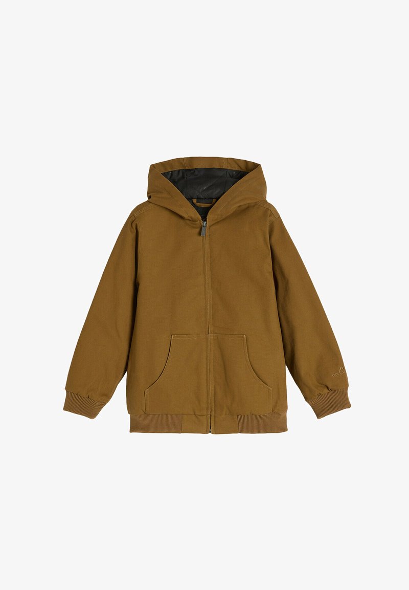 Brązowa kurtka z kapturem, z zamkiem błyskawicznym z przodu, dwiema dużymi kieszeniami bocznymi, ściągaczami przy mankietach oraz gładką czarną podszewką.