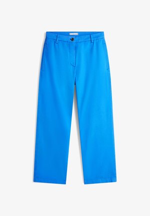 Proste spodnie w jaskrawym niebieskim kolorze z szlufkami na pasek, bocznymi kieszeniami oraz zapięciem na guzik i suwak z przodu.