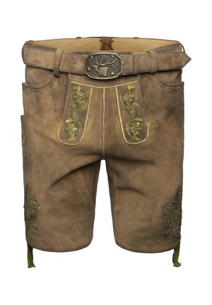 Pantalones cortos de cuero marrón con patrones florales verdes bordados y acentos decorativos en los laterales. Cuenta con un cinturón con una hebilla de metal.