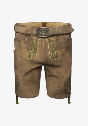 Brune lædershorts med grønne broderede blomsterdesigns og dekorative sidelister. Har et bælte med en metalspænde.