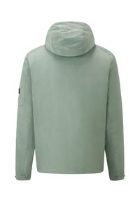 Mint green jacket with a hood, smooth texture, elastic cuffs, side pocket with a button, and a straight cut design. Back view displayed.
