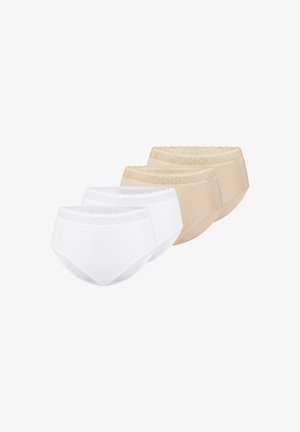 Vier dameshooggetailleerde slips in wit en beige, elk met een brede kanten tailleband, gerangschikt in twee paren op een witte achtergrond.