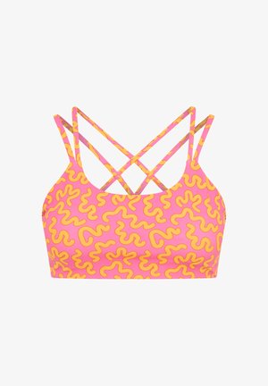 Rosa Crop-Top mit gelbem, abstraktem Wellenmuster, ausgestattet mit mehreren dünnen, überkreuzten Trägern auf der Rückseite für Unterstützung und Stil.