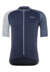 Marinblå cykeltröja med korta ärmar, dragkedja framtill och geometriskt mönster med blå detaljer på ärmarna. Tillverkad av lätt och stretchigt material.